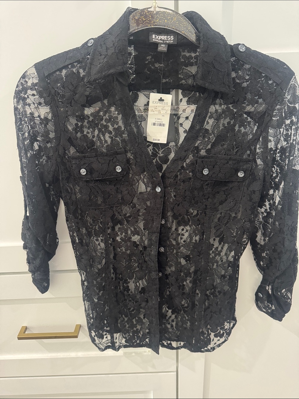 Express Black Sheer Lace Button-Front Blouse